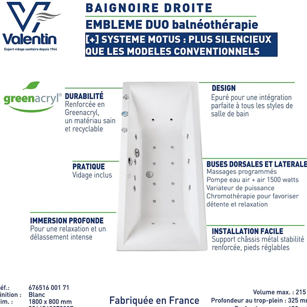 Baignoire Balnéo|Valentin Baignoire balnéo Embleme duo 180 x 80 cm sans tablier