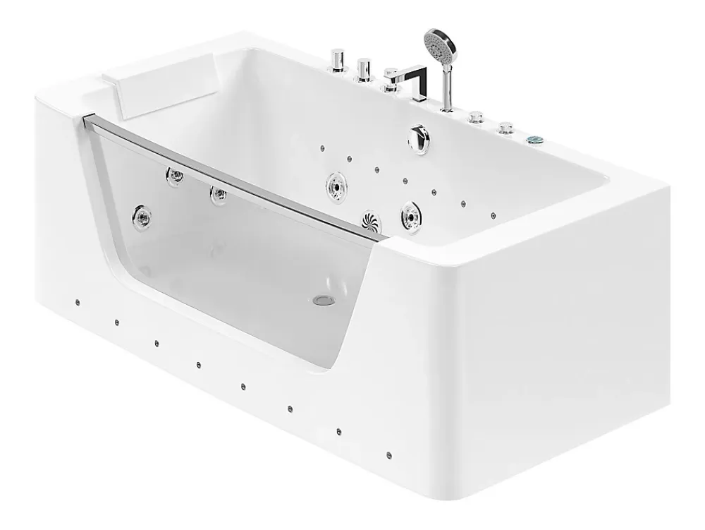 Baignoire Balnéo|Vente-unique Baignoire balnéo vitrée semi-îlot à leds DYONA - 1 place - 260L - 170x85x58cm - Blanche