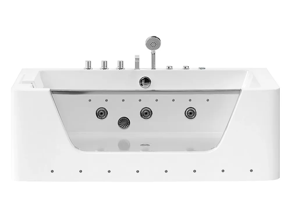 Baignoire Balnéo|Vente-unique Baignoire balnéo vitrée semi-îlot à leds DYONA - 1 place - 260L - 170x85x58cm - Blanche