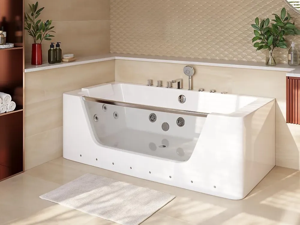 Baignoire Balnéo|Vente-unique Baignoire balnéo vitrée semi-îlot à leds DYONA - 1 place - 260L - 170x85x58cm - Blanche