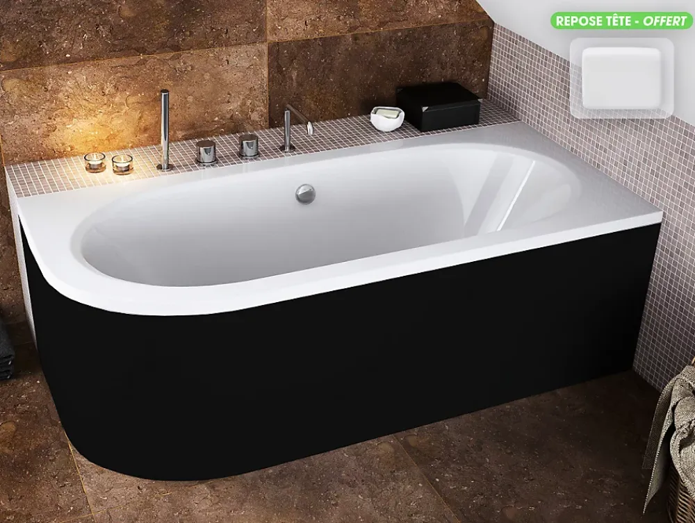 Baignoire Asymétrique|Besco Baignoire d'angle - avec tablier noir Mat et repose tête offert - AVITA - 170 x 75 cm - Droite