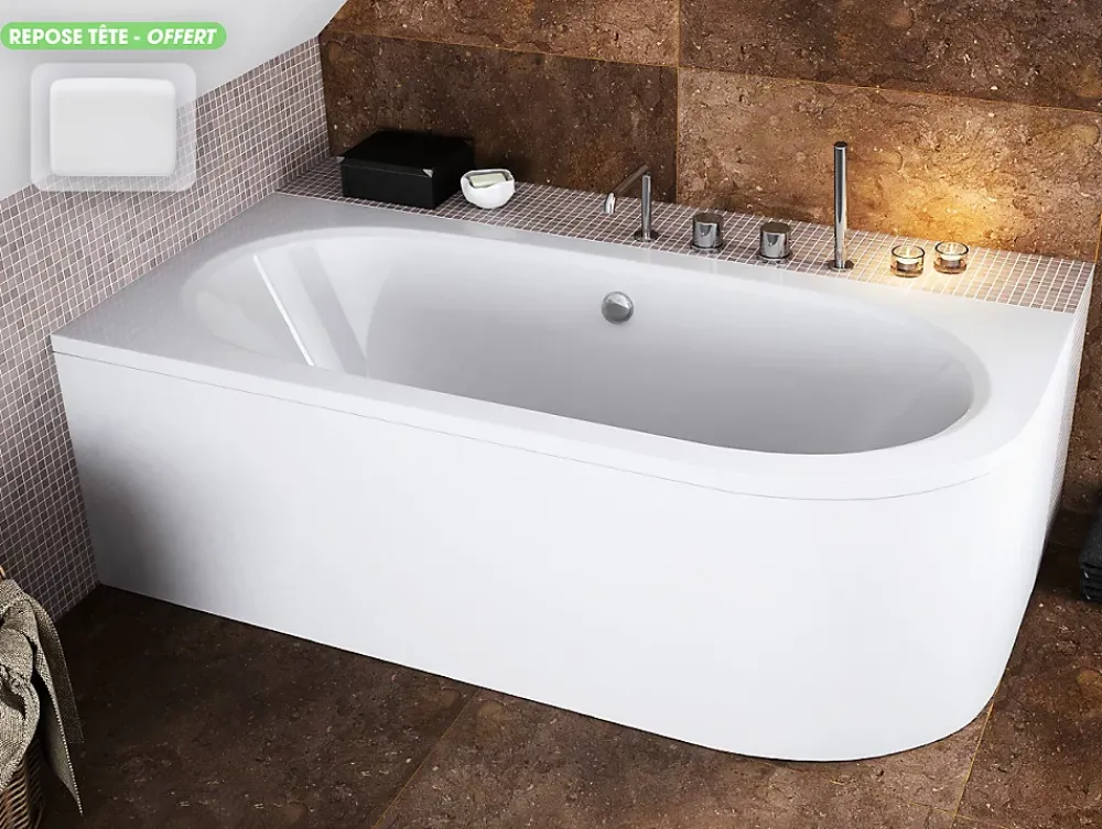 Baignoire Asymétrique|Besco Baignoire d'angle - avec tablier blanc et repose tête offert - AVITA - 150 x 75 cm - Gauche