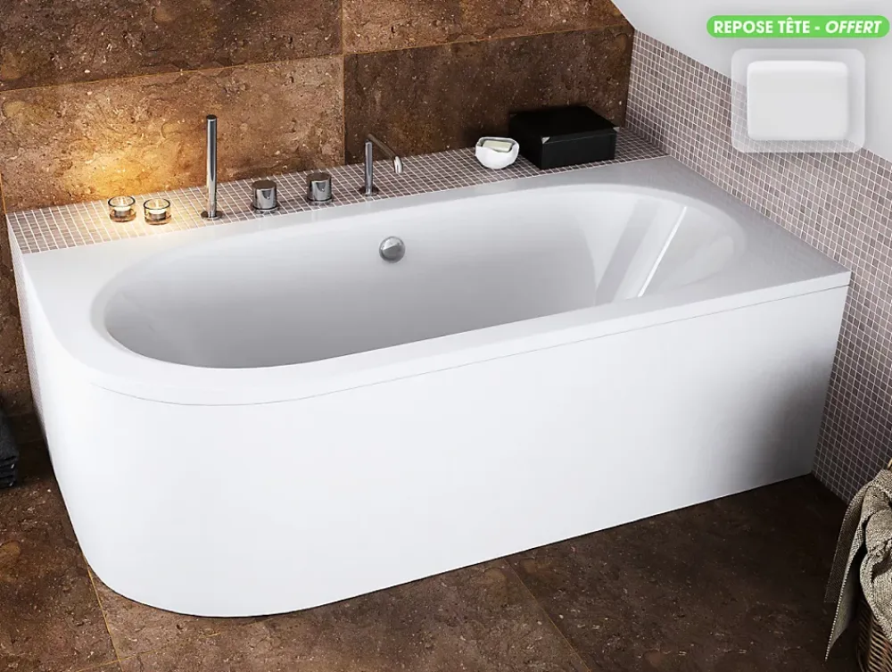 Besco Baignoire d'angle - avec tablier blanc et repose tête offert - AVITA - 160 x 75 cm - Droite