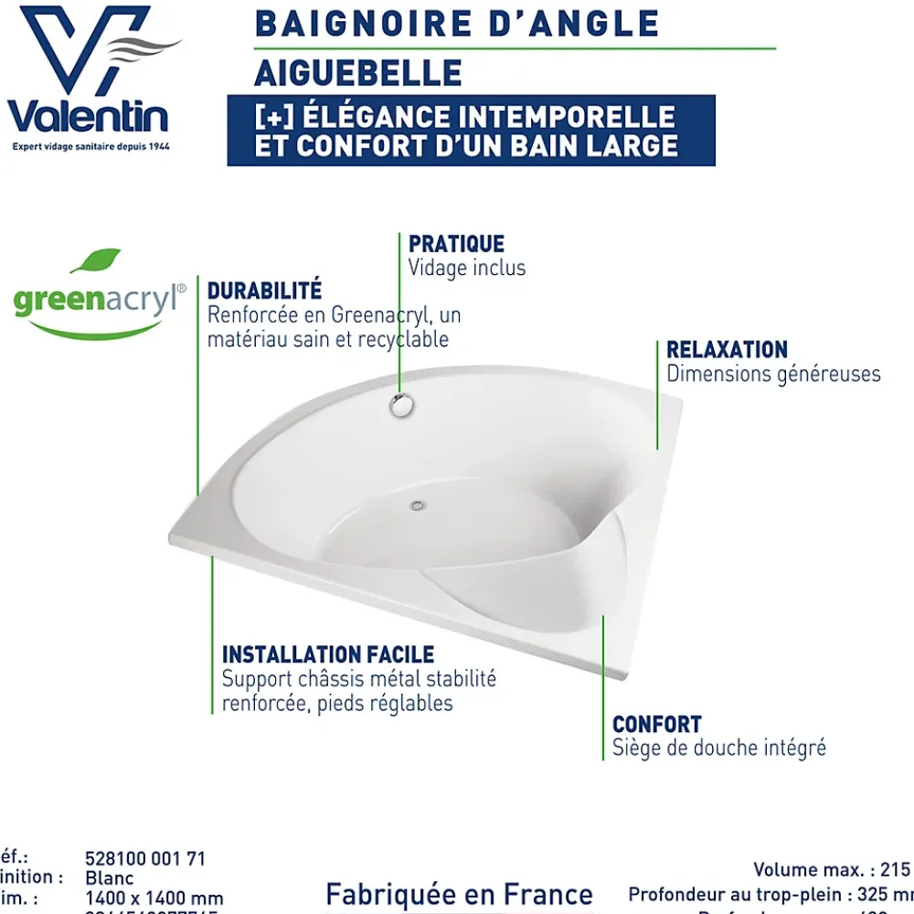 Valentin Baignoire d'angle 140 x 140 cm Aiguebelle sans tablier