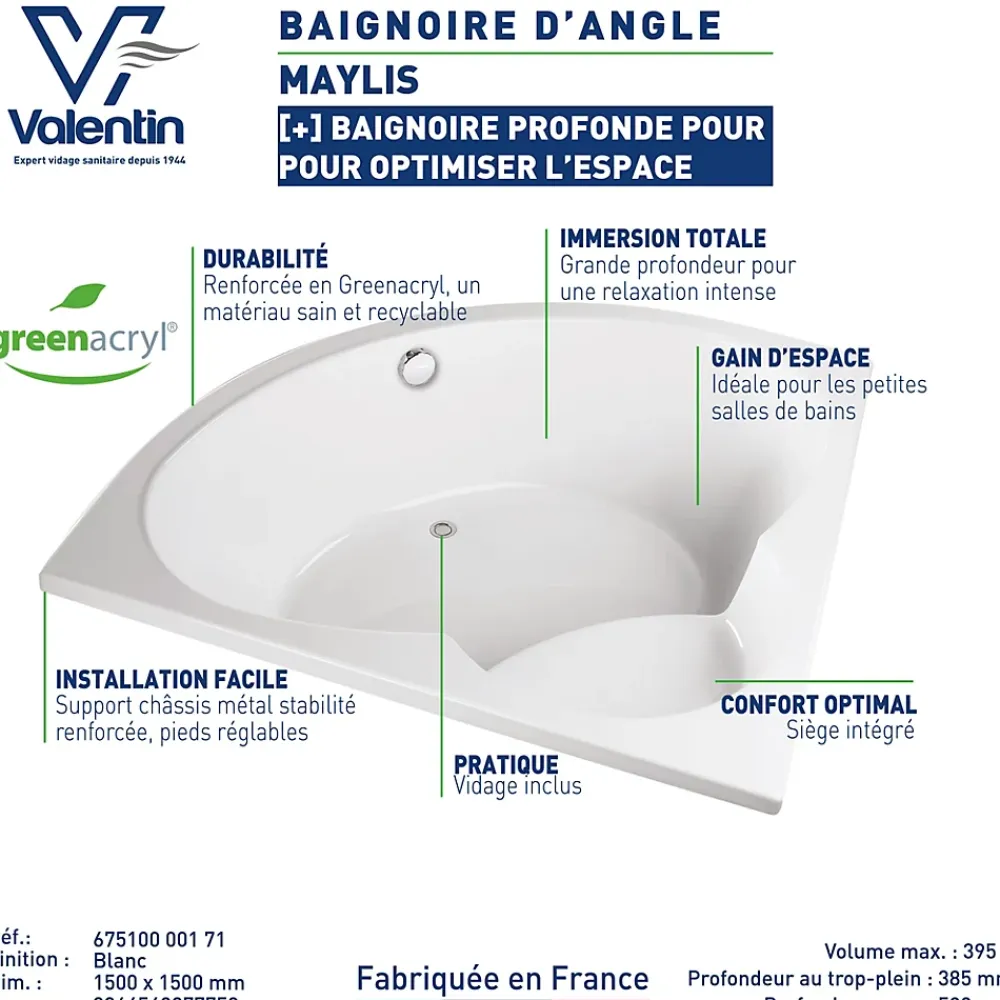 Valentin Baignoire d'angle 150 x 150 cm Maylis sans tablier