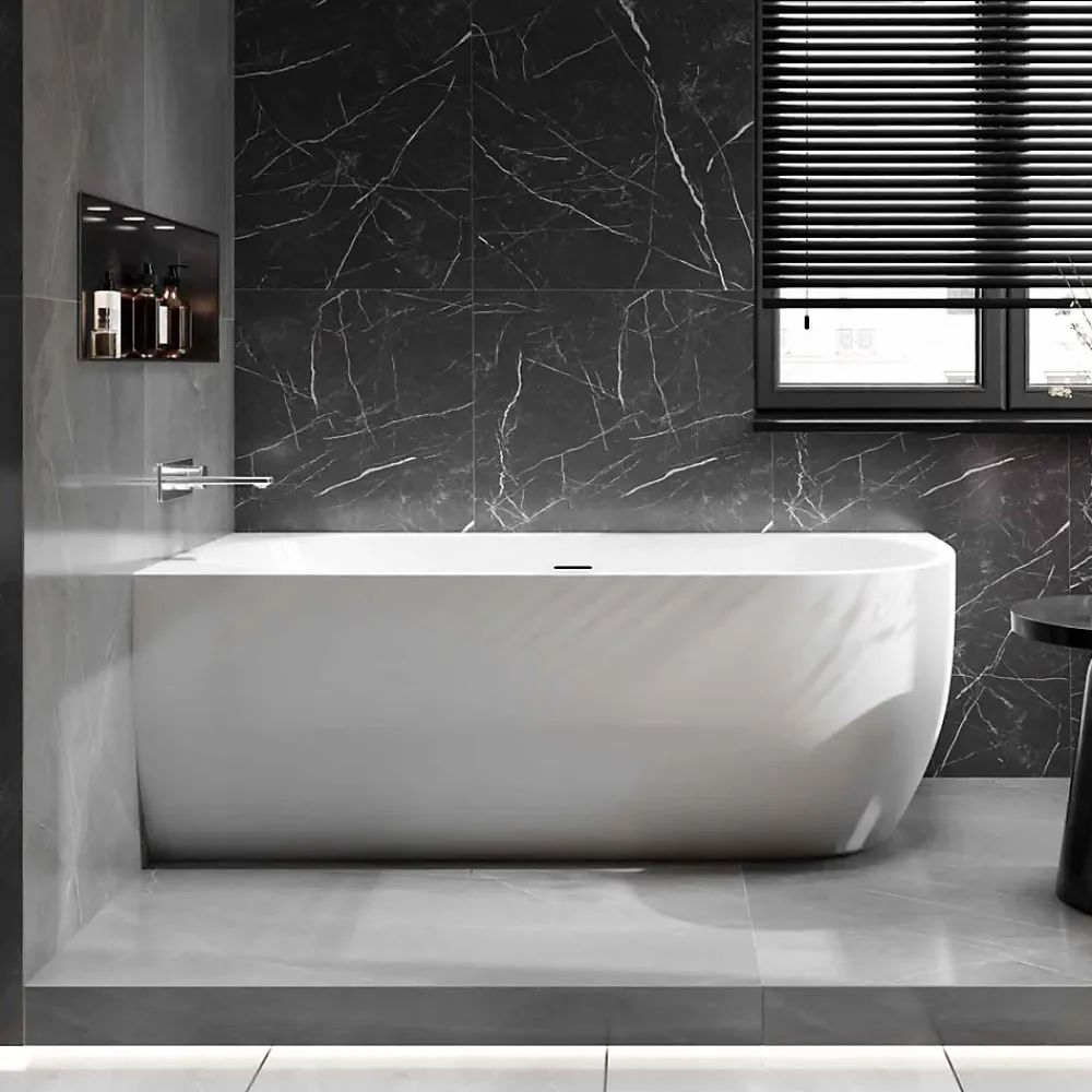 Bernstein Baignoire d'angle Acrylique Ovale pour Salle de Bain + Bonde, Garantie 5 ans, Blanc, 170x75x60cm, Installation gauche, LENA CORNER