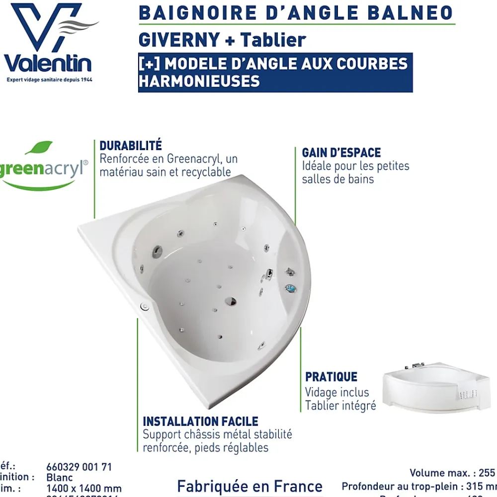 Valentin Baignoire d'angle balnéo 140 x 140 cm Giverny + tablier