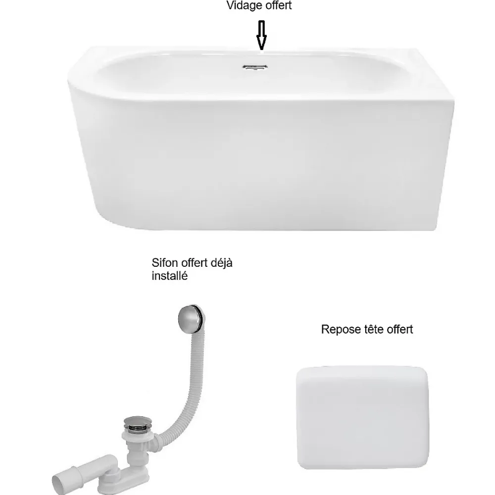 Baignoire Asymétrique|Besco Baignoire d'angle Blanc + Siphon Doré et Vidage inclus + Repose tête - AVITA S CLASSE - DROITE - 170 x 75 cm