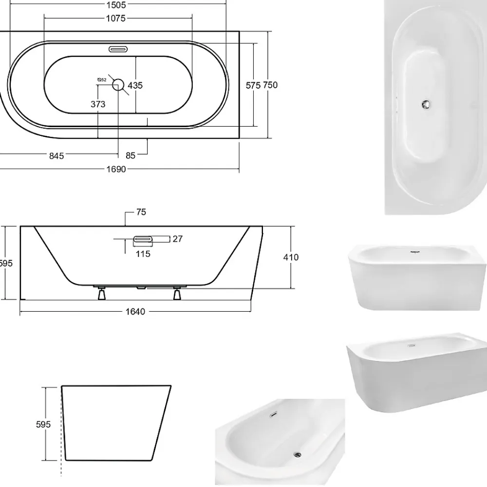 Baignoire Asymétrique|Besco Baignoire d'angle Blanc + Siphon Graphite et Vidage inclus + Repose tête - AVITA S CLASSE - DROITE - 170 x 75 cm