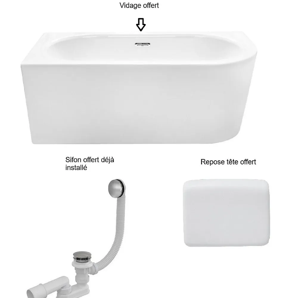Besco Baignoire d'angle Blanc + Siphon Doré et Vidage inclus + Repose tête - AVITA S CLASSE - GAUCHE - 170 x 75 cm