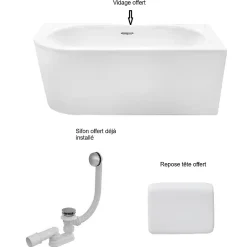Baignoire Asymétrique|Besco Baignoire d'angle Blanc + Siphon Chrome et Vidage inclus + Repose tête - AVITA S CLASSE - DROITE - 150 x 75 cm