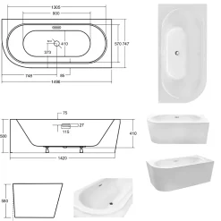 Baignoire Asymétrique|Besco Baignoire d'angle Blanc + Siphon Chrome et Vidage inclus + Repose tête - AVITA S CLASSE - DROITE - 150 x 75 cm