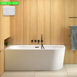 Besco Baignoire d'angle Blanc + Siphon Graphite et Vidage inclus + Repose tête - AVITA S CLASSE - DROITE - 150 x 75 cm