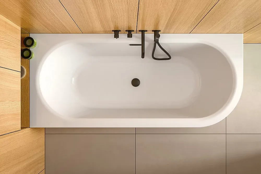 Besco Baignoire d'angle Blanc + Siphon Graphite et Vidage inclus + Repose tête - AVITA S CLASSE - DROITE - 150 x 75 cm