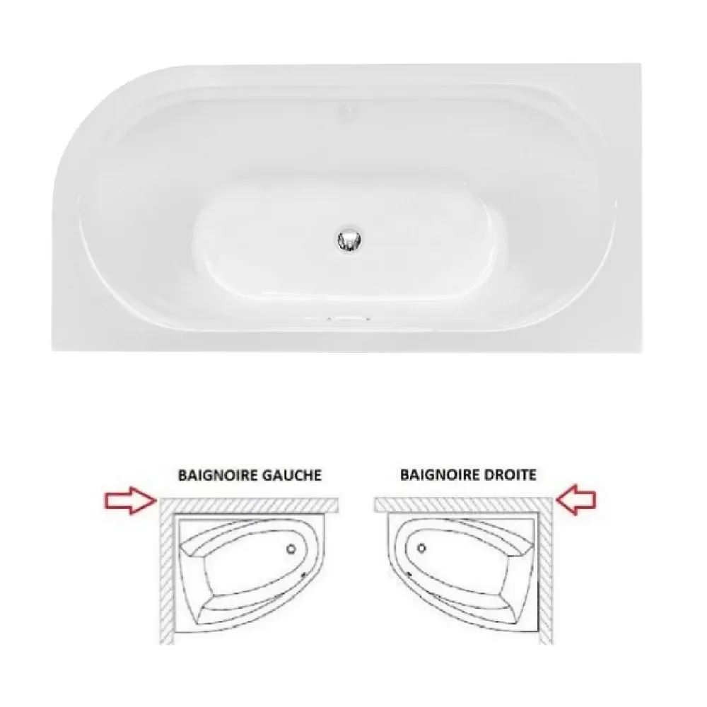 Besco Baignoire d'angle Blanc + Siphon Graphite et Vidage inclus + Repose tête - AVITA S CLASSE - DROITE - 150 x 75 cm