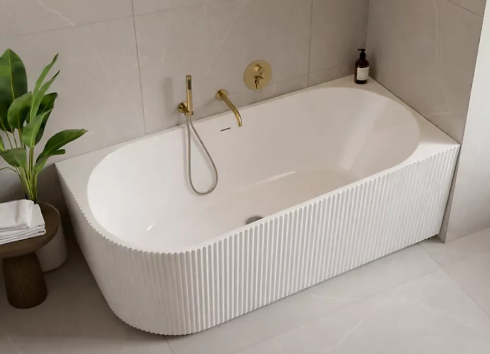 Baignoire D'Angle|Otitec Baignoire d'angle droite avec bonde et vidage - 150 x 75 cm - Blanc brillant rainuré - PERLE