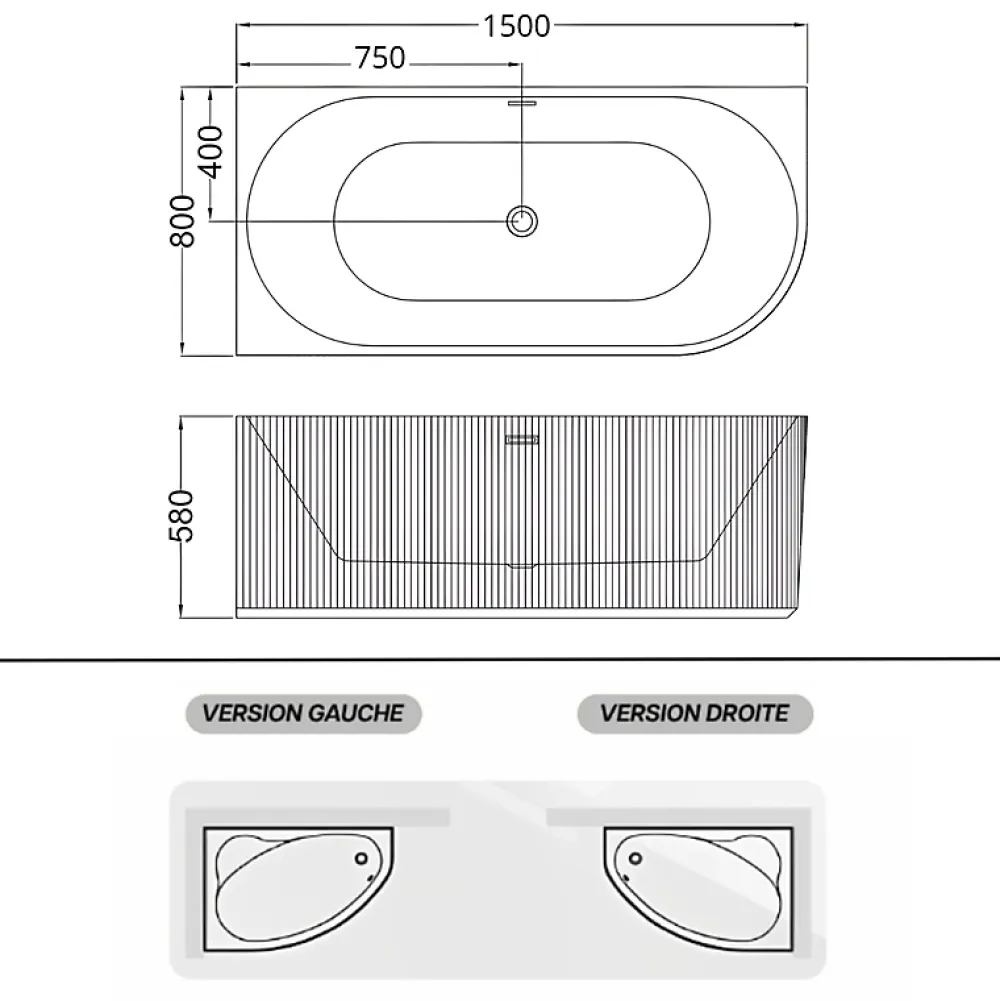 Baignoire D'Angle|Otitec Baignoire d'angle droite avec bonde et vidage - 150 x 75 cm - Blanc brillant rainuré - PERLE