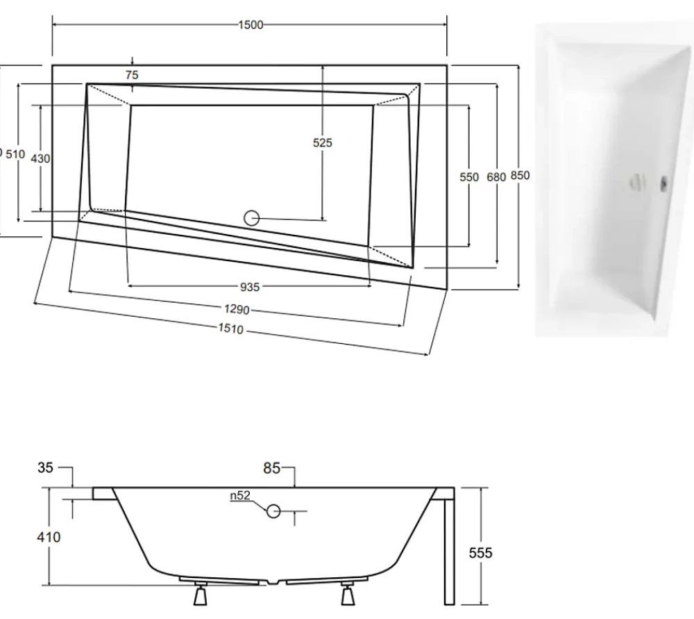 Azura Home Design Baignoire d'angle DROITE INTIMA AVEC TABLIER - 150cm