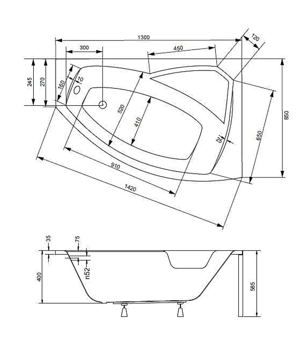 Azura Home Design Baignoire d'angle droite RIMA avec tablier - 130cm