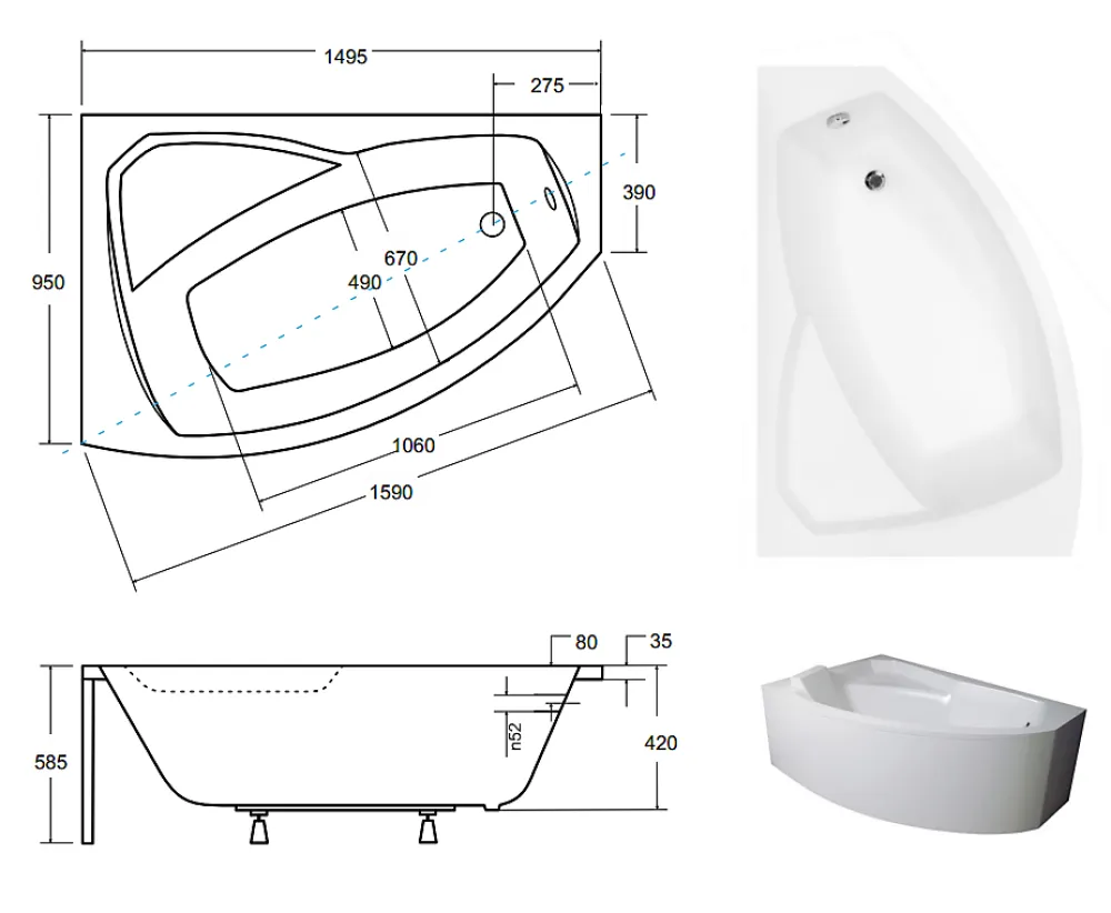 Azura Home Design Baignoire d'angle gauche RIMA avec tablier - 150cm