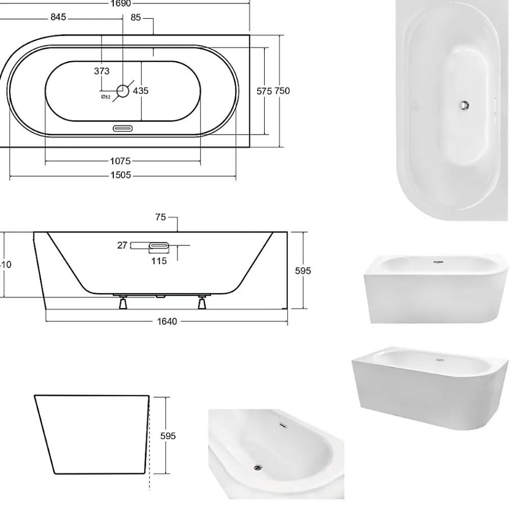 Besco Baignoire d'angle Noir et Blanc + Siphon noir et Vidage inclus + Repose tête - AVITA S CLASSE - GAUCHE - 170 x 75 cm