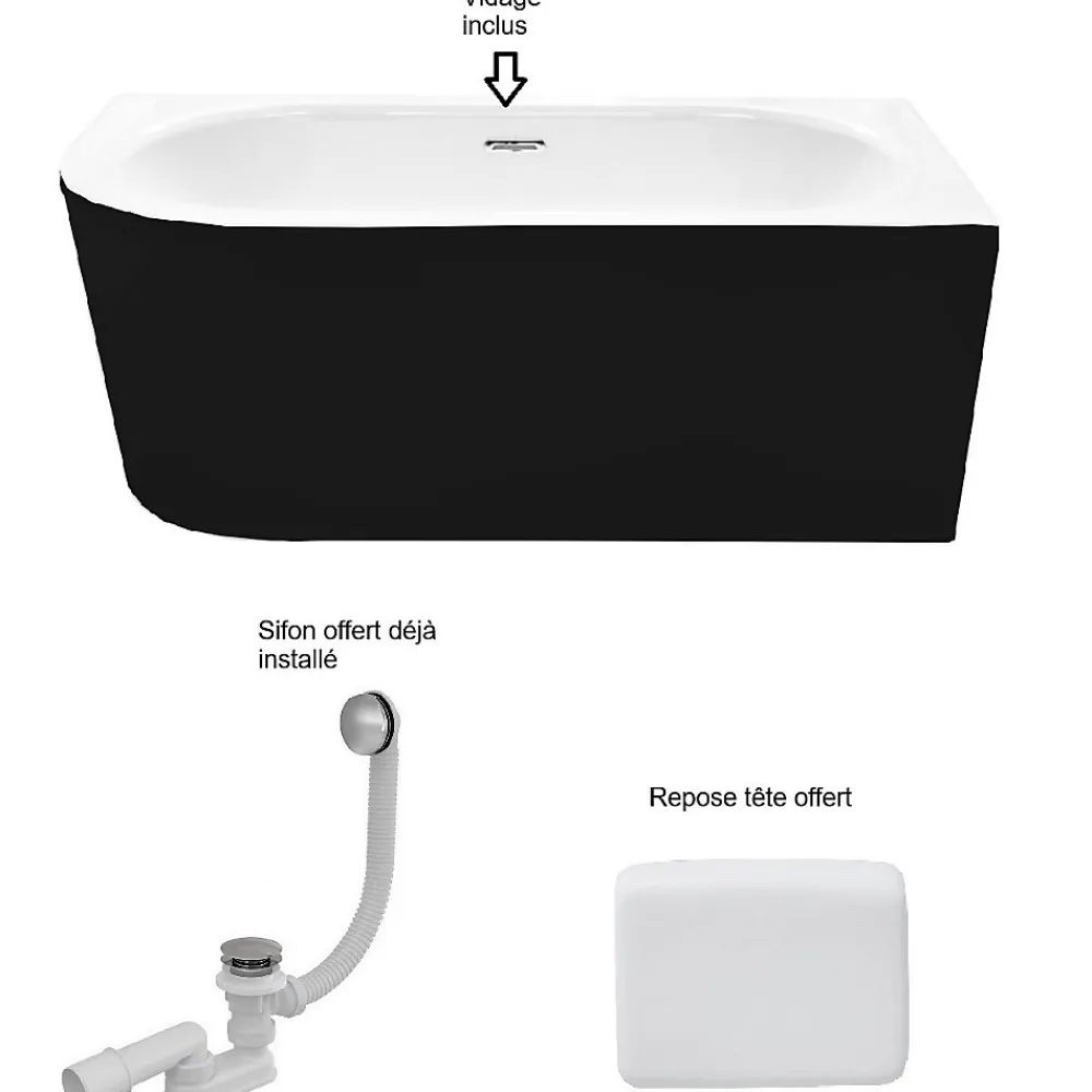 Baignoire Asymétrique|Besco Baignoire d'angle Noir et Blanc + Siphon Blanc et Vidage inclus + Repose tête - AVITA S CLASSE - DROITE - 150 x 75 cm