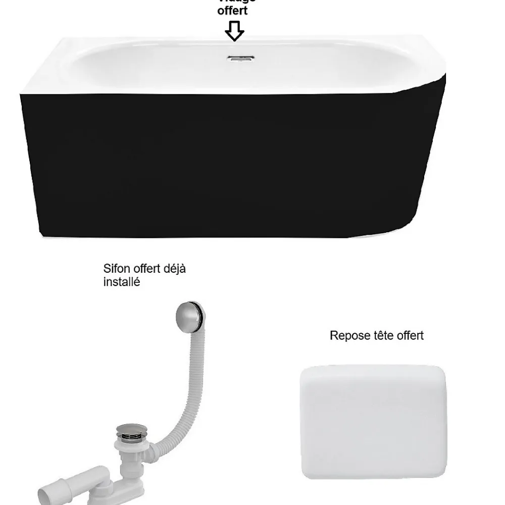 Besco Baignoire d'angle Noir et Blanc + Siphon Graphite et Vidage inclus + Repose tête - AVITA S CLASSE - GAUCHE - 150 x 75 cm