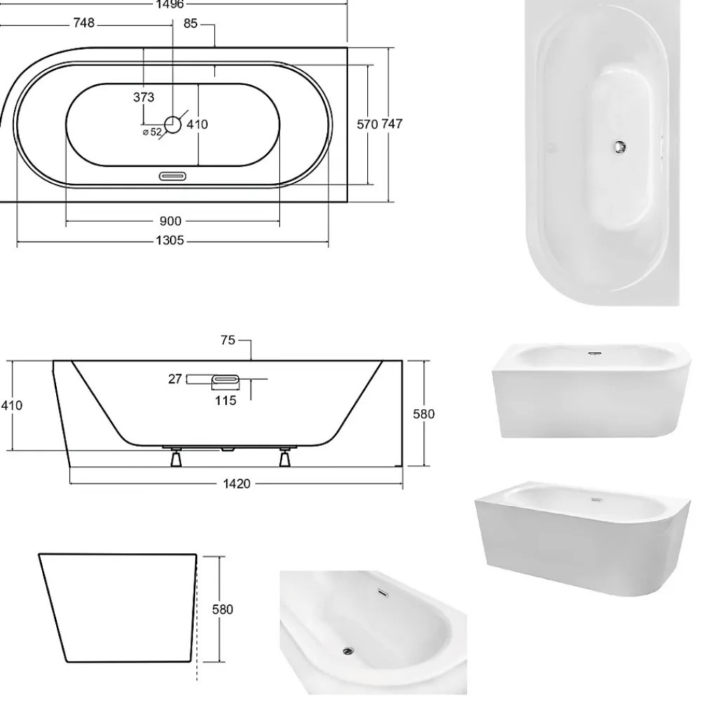 Besco Baignoire d'angle Noir et Blanc + Siphon Graphite et Vidage inclus + Repose tête - AVITA S CLASSE - GAUCHE - 150 x 75 cm