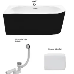 Besco Baignoire d'angle Noir et Blanc + Siphon Blanc et Vidage inclus + Repose tête - AVITA S CLASSE - GAUCHE - 170 x 75 cm
