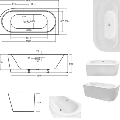 Besco Baignoire d'angle Noir et Blanc + Siphon Doré et Vidage inclus + Repose tête - AVITA S CLASSE - GAUCHE - 170 x 75 cm