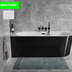 Besco Baignoire d'angle Noir et Blanc + Siphon noir et Vidage inclus + Repose tête - AVITA S CLASSE - DROITE - 150 x 75 cm