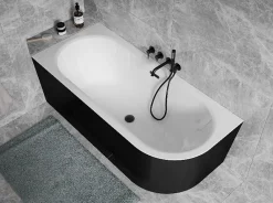 Besco Baignoire d'angle Noir et Blanc + Siphon Graphite et Vidage inclus + Repose tête - AVITA S CLASSE - GAUCHE - 170 x 75 cm