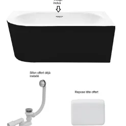 Baignoire Asymétrique|Besco Baignoire d'angle Noir et Blanc + Siphon Graphite et Vidage inclus + Repose tête - AVITA S CLASSE - DROITE - 150 x 75 cm