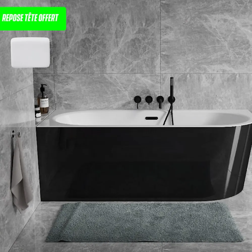 Baignoire Asymétrique|Besco Baignoire d'angle Noir et Blanc + Siphon Doré et Vidage inclus + Repose tête - AVITA S CLASSE - DROITE - 150 x 75 cm