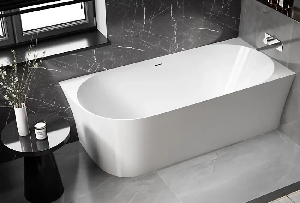 Bernstein Baignoire d'angle semi-ilot Acrylique 150x78x60cm Blanc brillant + Bonde et trop plein - installation à droite - NOVA SLIM LINE