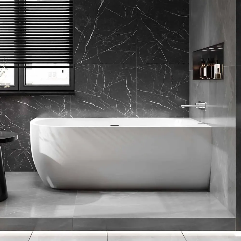 Baignoire Îlot|Bernstein Baignoire d'angle semi-îlot Acrylique Ovale Salle de Bain avec Bonde + trop plein, Blanc, 170x75x60cm, Garantie 5 ans, LENA CORNER