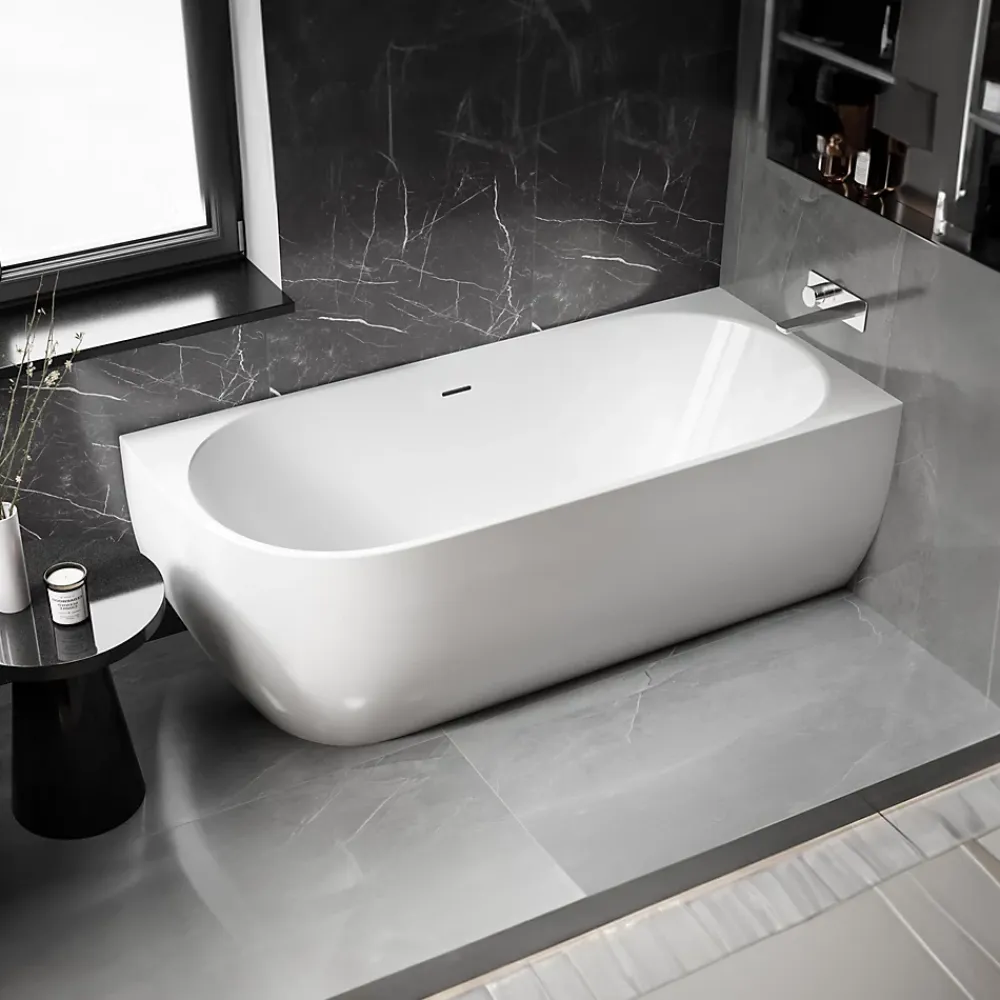 Baignoire Îlot|Bernstein Baignoire d'angle semi-îlot Acrylique Ovale Salle de Bain avec Bonde + trop plein, Blanc, 170x75x60cm, Garantie 5 ans, LENA CORNER
