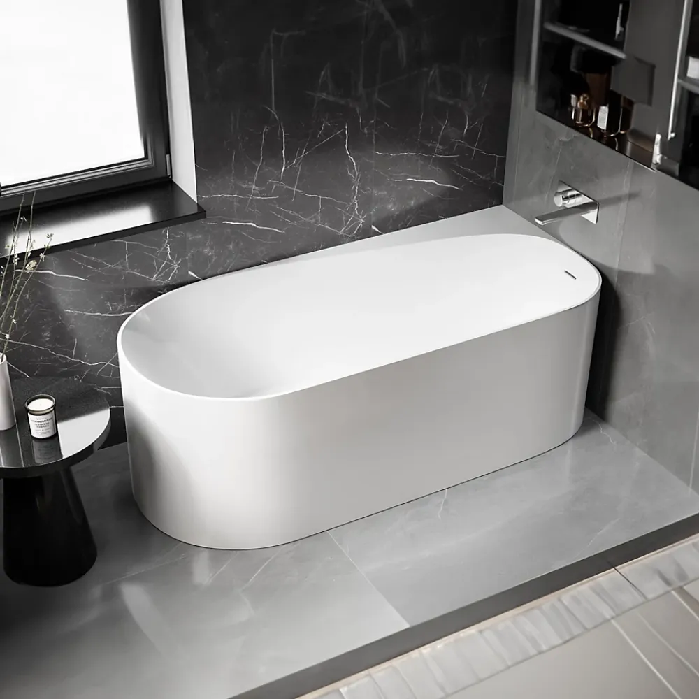 Baignoire D'Angle|Bernstein Baignoire d'angle semi-îlot Acrylique Ovale Salle de Bain avec Bonde + trop plein, Blanc, 170x78x58cm, Garantie 5 ans, ONDA CORNER