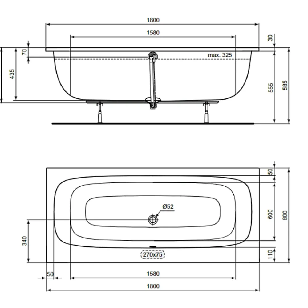 Ideal Standard Baignoire droite 180 x 80 i.life Duo