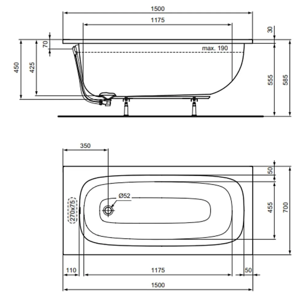 Ideal Standard Baignoire droite 150 x 70 i.life