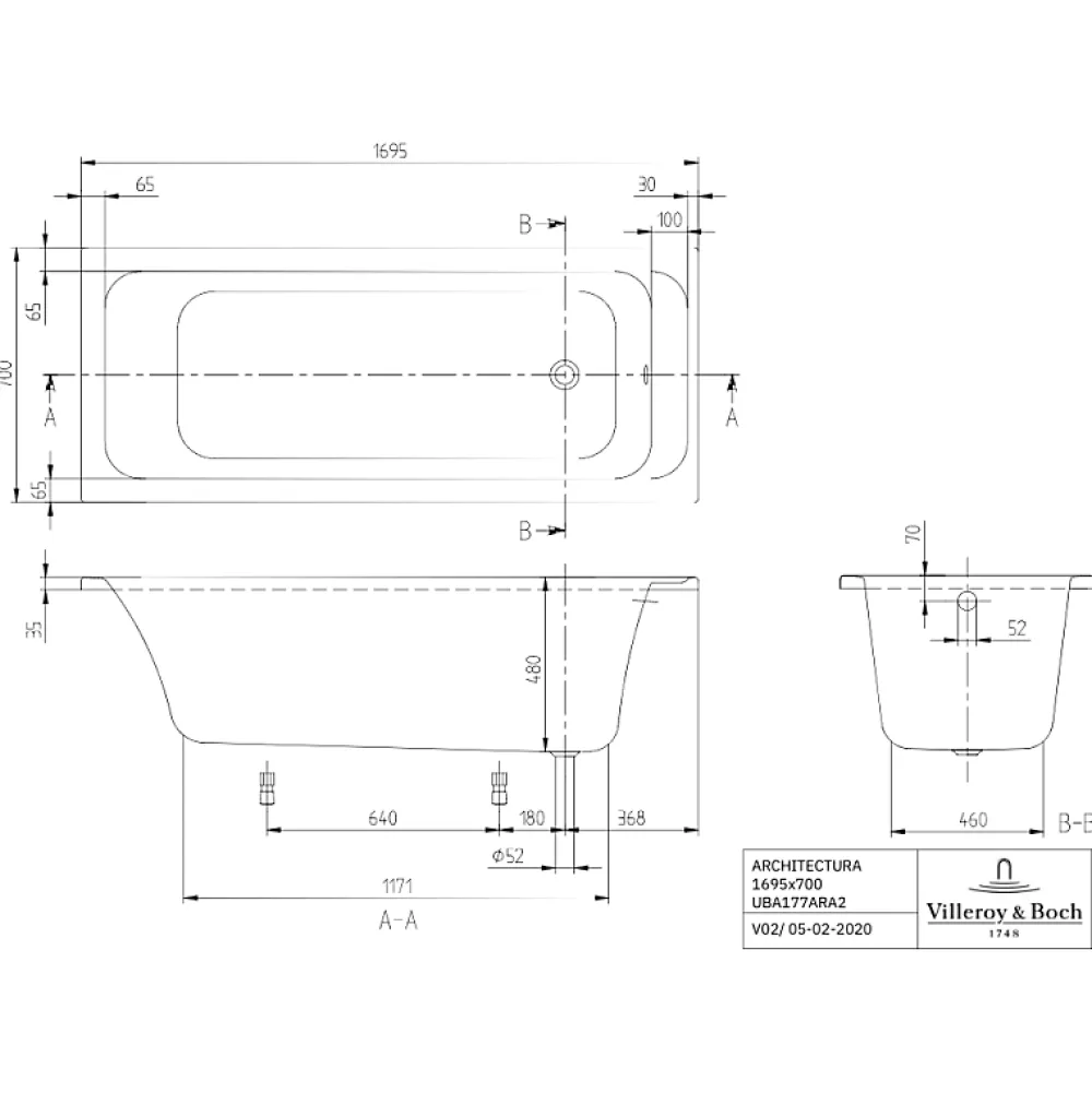Baignoire Droite|Villeroy & Boch Baignoire droite 170 X 70 VILLEROY ET BOCH Architectura acrylique