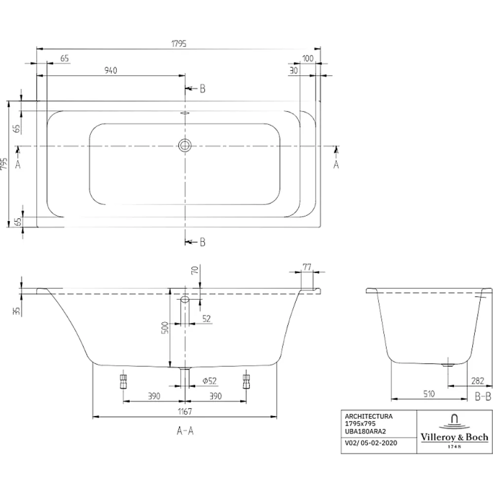 Baignoire Droite|Villeroy & Boch Baignoire droite 180 X 80 VILLEROY ET BOCH Architectura acrylique avec pieds