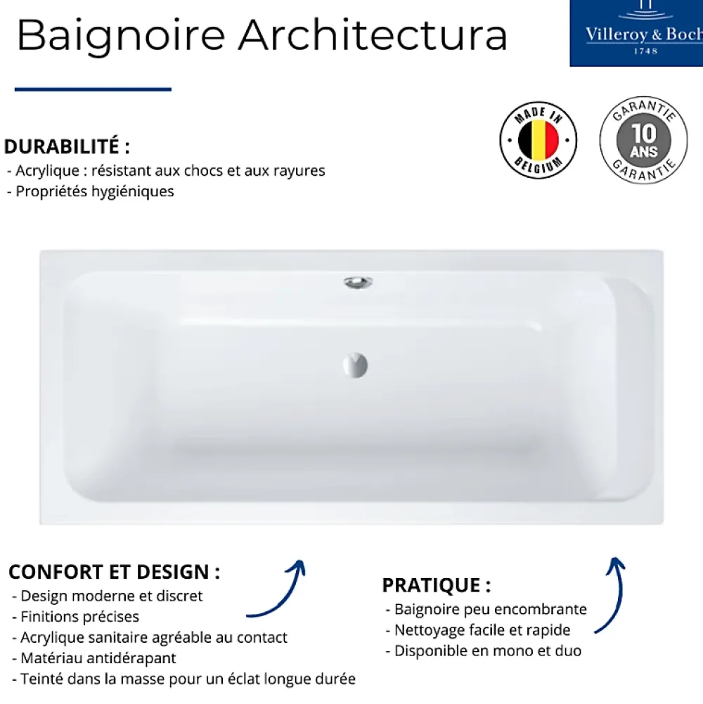 Baignoire Droite|Villeroy & Boch Baignoire droite 170 X 80 VILLEROY ET BOCH Architectura acrylique avec pieds