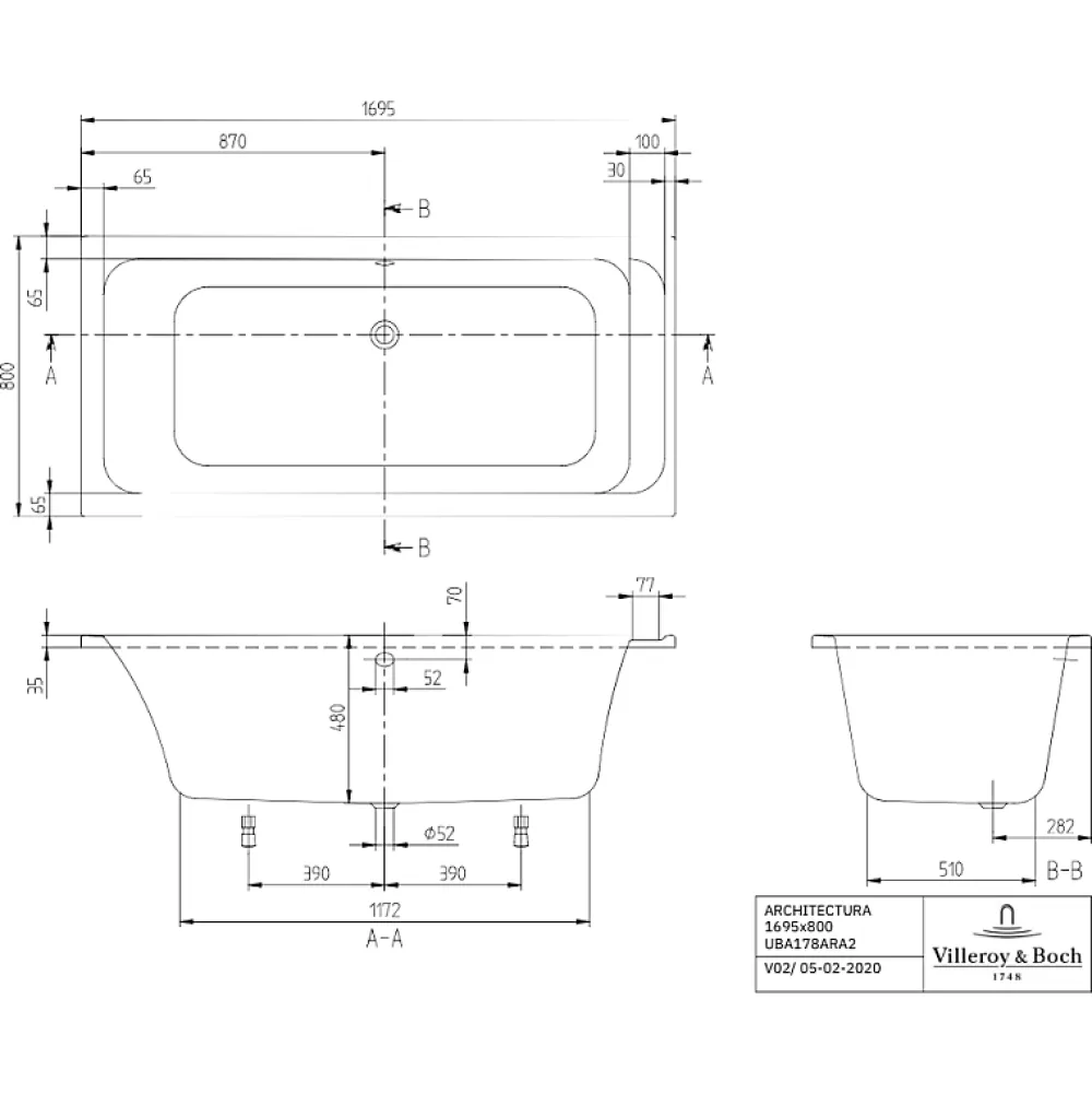 Baignoire Droite|Villeroy & Boch Baignoire droite 170 X 80 VILLEROY ET BOCH Architectura acrylique avec pieds