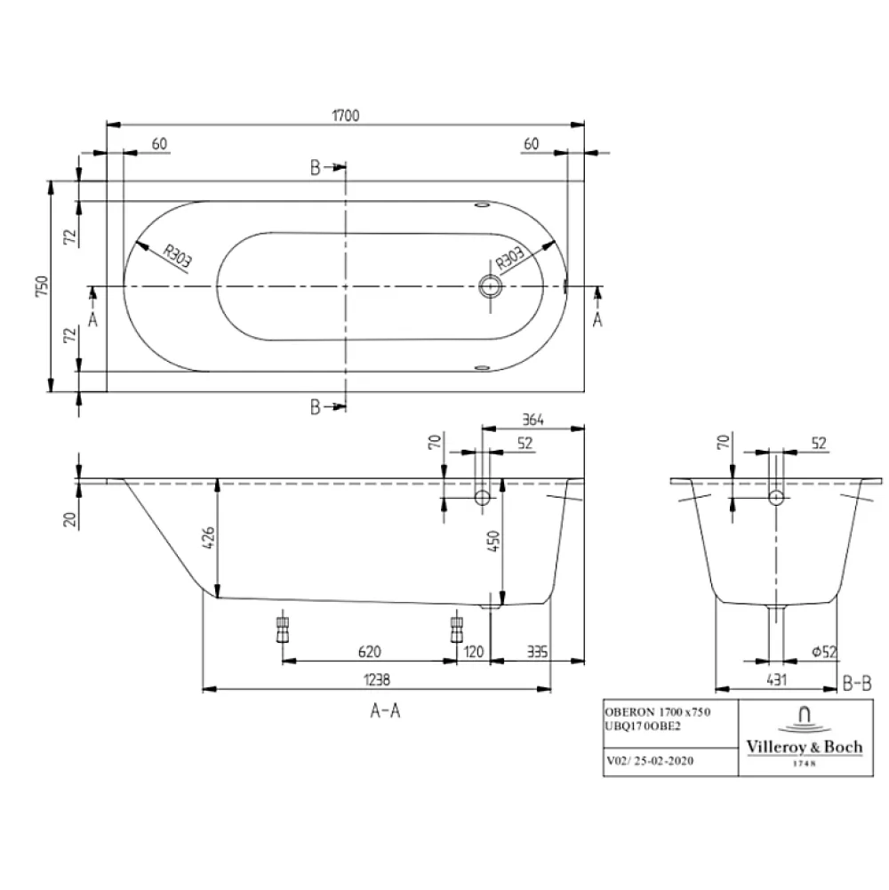 Villeroy & Boch Baignoire droite 170 x 75 VILLEROY ET BOCH Oberon Quaryl