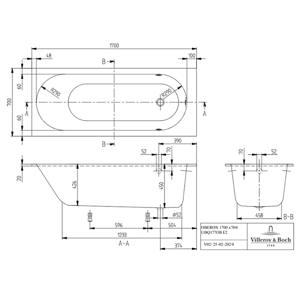 Baignoire Droite|Villeroy & Boch Baignoire droite 170 X 70 VILLEROY ET BOCH Oberon Quaryl