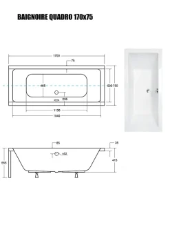 Baignoire Droite|Besco Baignoire Droite sans Tablier - 170 x 75 cm - QUADRO SANS TABLIER - REPOSE-TÊTE OFFERT