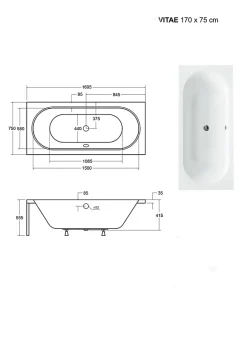 Baignoire Droite|Besco Baignoire Droite sans Tablier - 170 x 75 cm - VITAE SANS TABLIER - REPOSE-TÊTE OFFERT