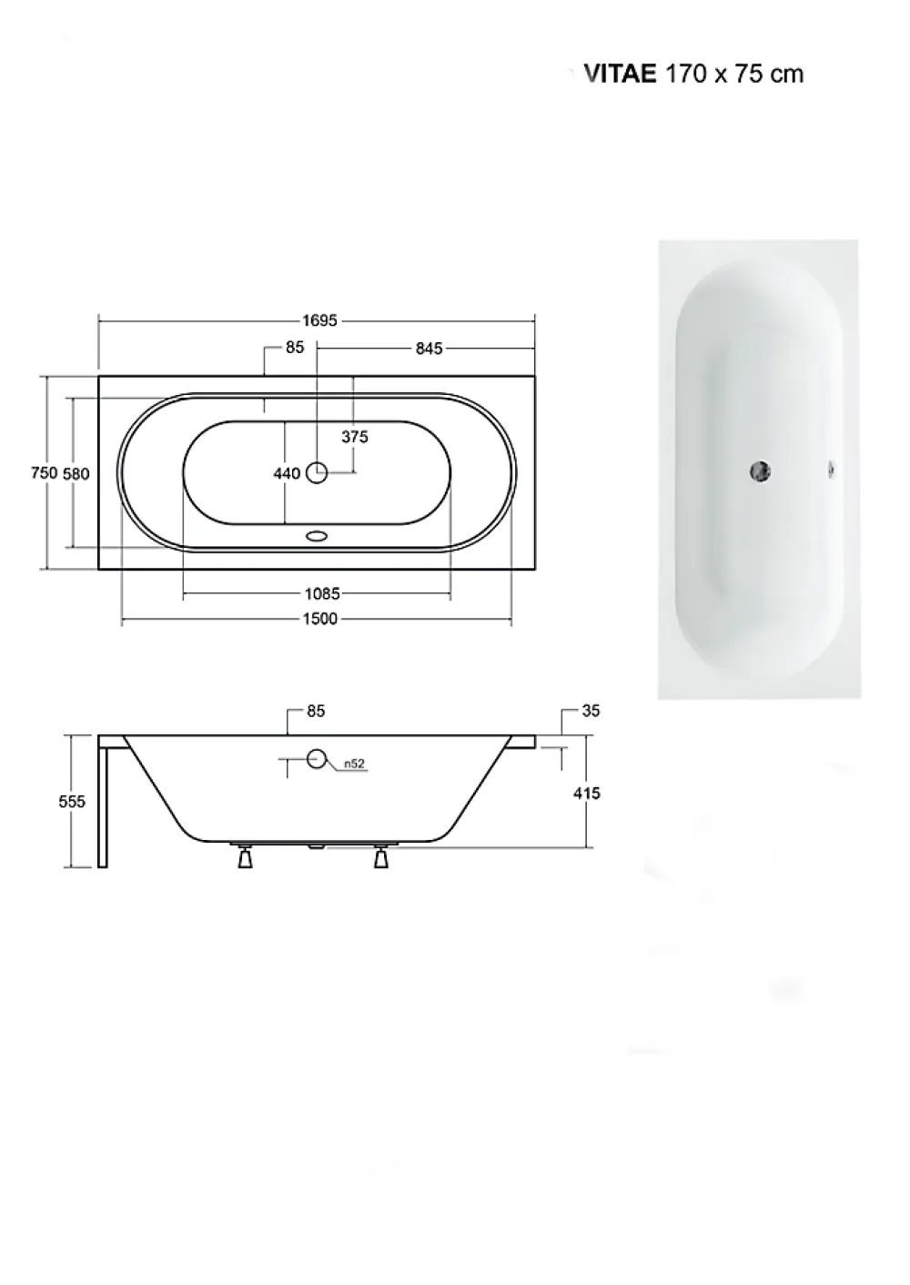 Baignoire Droite|Besco Baignoire Droite sans Tablier - 170 x 75 cm - VITAE SANS TABLIER - REPOSE-TÊTE OFFERT