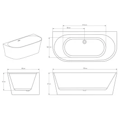 Bernstein Baignoire droite semi-îlot murale ovale acrylique salle de bain, isolation thermique - Blanc - 170x80x57cm - Garantie 5 ans - NORA